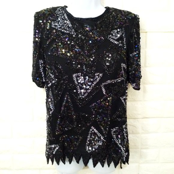 Vintage 80s Silk Sequin Beaded Crew-T Top Lady-M Keyhole SSL Bling Glam Metallic - Picture 1 of 10